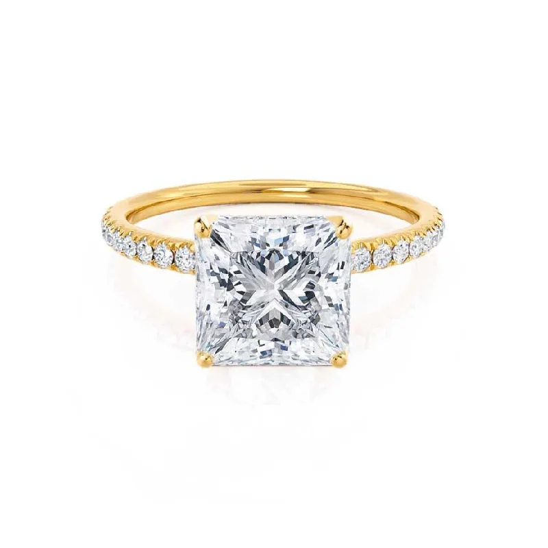 Emerald and diamond engagement ring in a vintage - inspired platinum bandMACY - Princess Moissanite & Diamond 18k Yellow Gold Petite Pavé Shoulder Set Ring