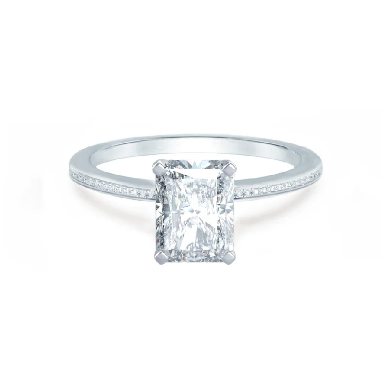 Emerald and diamond engagement ring in a vintage - inspired platinum bandIRIS - Radiant Moissanite 18k White Gold Petite Channel Set Ring