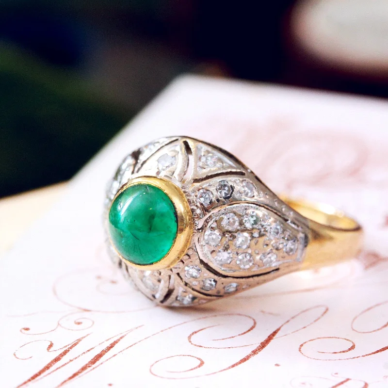 Fantastic Deco Style Emerald & Diamond Boule Cocktail Ring