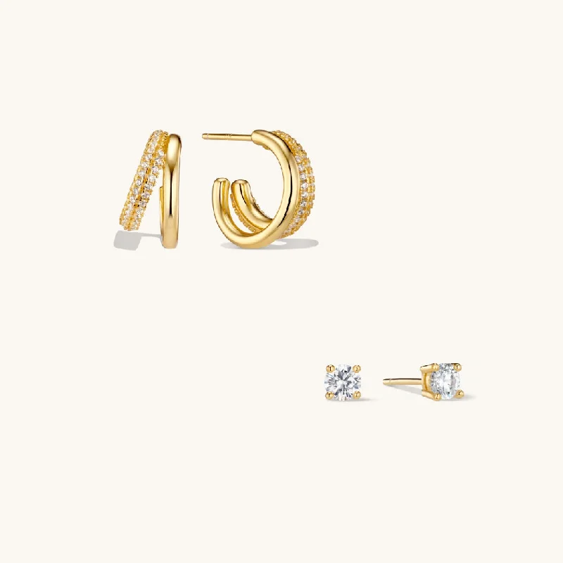 Oval hoop earringsDuo Layered Hoops & Diamond Stud Earrings Stacking Set Gold