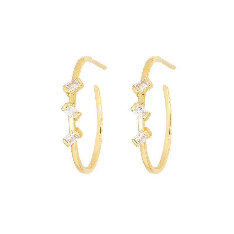 Lightweight hoop earringsBaguette 3-Stone Gold Vermeil Hoops w. Zirconia