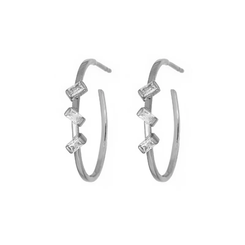 Vintage hoop earringsBaguette 3-Stone Black Ruthenium on Silver Hoops w. Zirconia