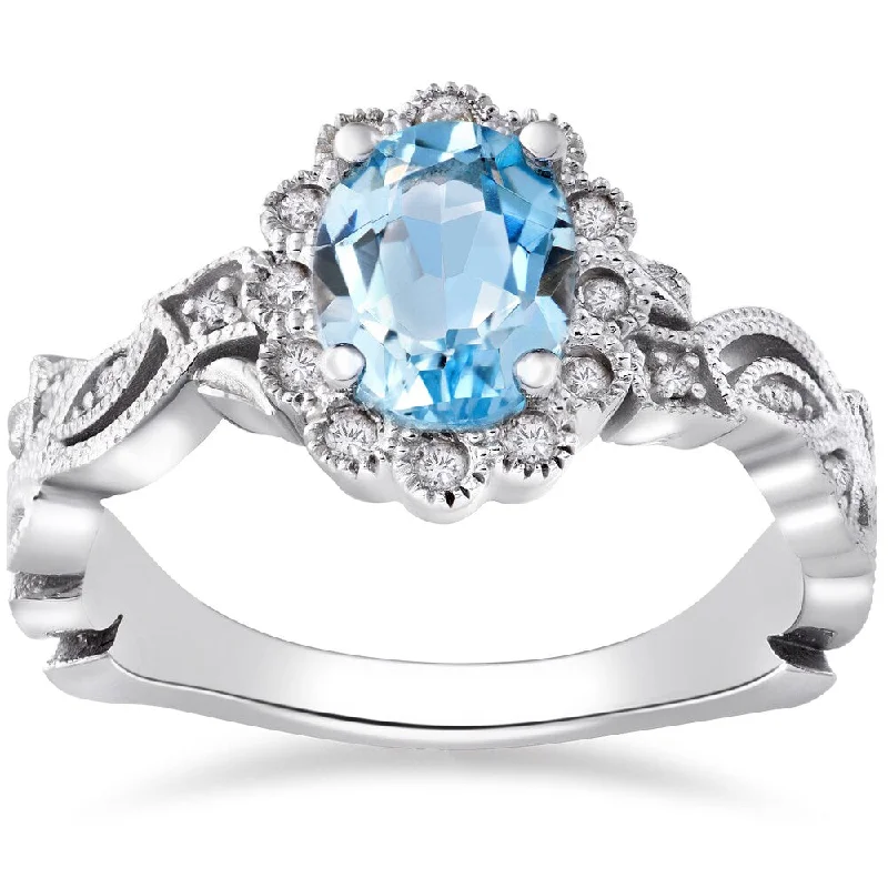 Sapphire Gemstone Rings in 18K White Gold with Diamond Accents for an Elegant Engagement14k White Gold 1 ct Oval Blue Topaz & Diamond Vintage Halo Vine Petal Ring (I-J,I2-I3)