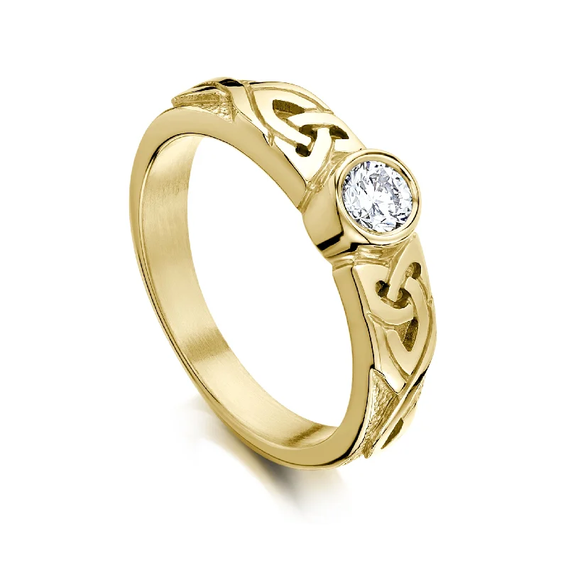 Cluster Engagement Rings with Multiple Small Diamonds Arranged in a Stunning DesignCeltic Knotwork Diamond Solitaire Ring in 9ct Yellow Gold