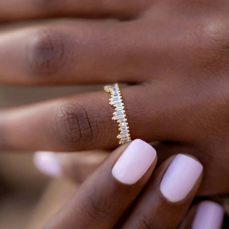 Moissanite - Set Wedding Bands in Yellow Gold for a Sparkling and Ethical Alternative to DiamondsCityscape Eternity Ring with Needle Baguette Diamonds