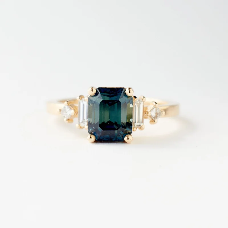 Engagement Rings with Sapphire and Diamond Combinations in a Vintage StyleJosie Ring - 2.32  Carat Blue Green Emerald Cut Sapphire