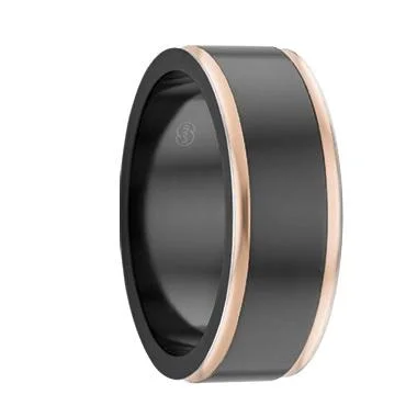 Adjustable - Fit Wedding Bands in Gold - Plated Metal for a Comfortable and Custom - Fitting OptionCustom Polished Black Zirconium and Dual Rose Gold Edging Ring (ZRJ4411)