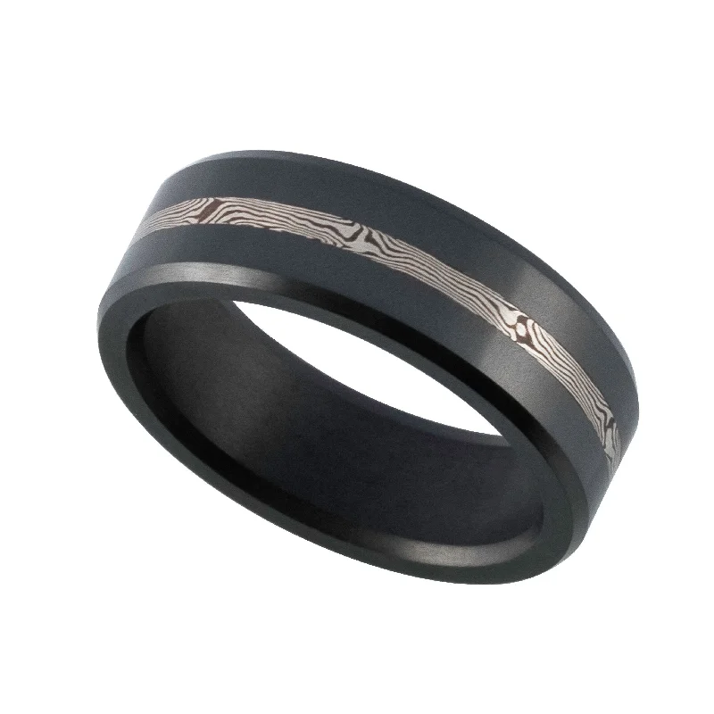 Matte - Black Ceramic Wedding Bands with a Polished Edge for a Sleek and Modern AppearanceElysium Ares Matte Black Diamond Wedding Ring with 14 Carat White Gold Mokume Inlay