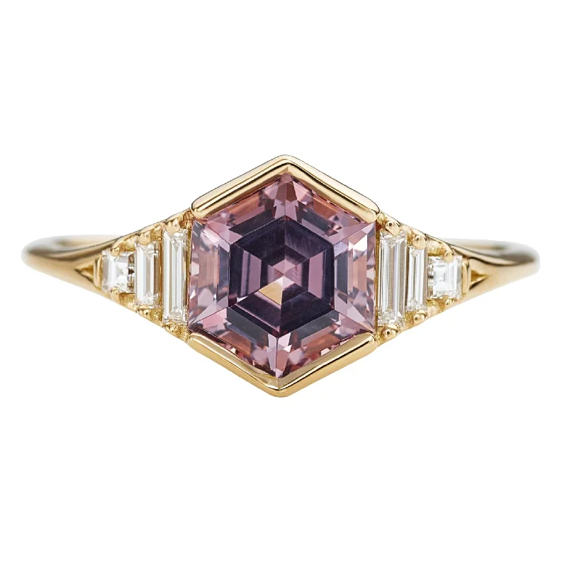 Vintage - Inspired Engagement Rings with Filigree Work and Emerald - Cut Center StoneHexagon Cut Spinel Engagement Ring in Mauve with Diamonds