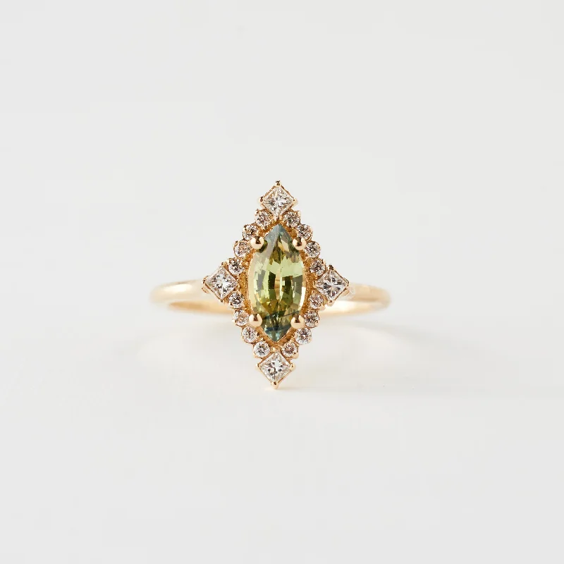 Three - Stone Engagement Rings Symbolizing Love's Past, Present, and Future with Asscher - Cut DiamondsMarie Ring - .83 Carat Yellow Green Parti Sapphire