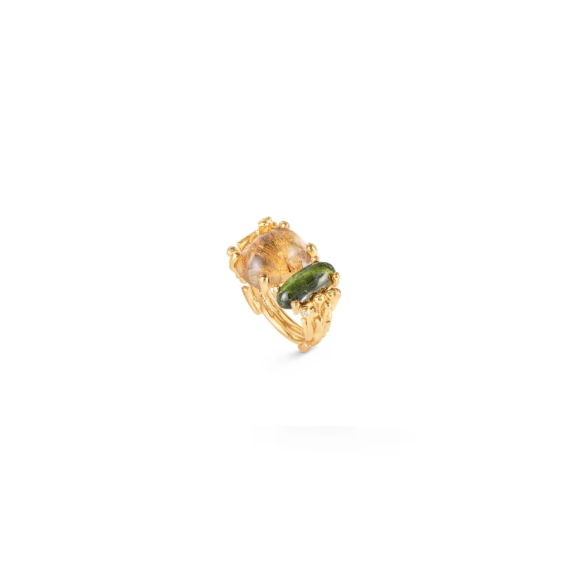 Tourmaline Gemstone Rings in 18K Two - Tone Gold with a Floral - Shaped Setting for a Feminine TouchBoHo Double 18K Gold Ring w. Diamond, Turquoise & Rutile Quartz