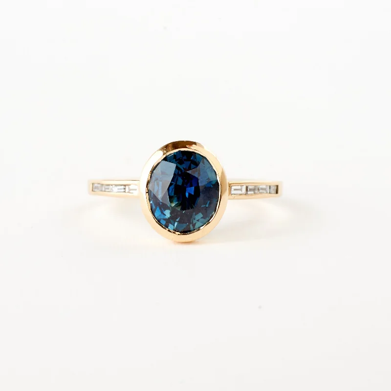 Halo Engagement Rings with a Cushion - Cut Center Diamond and Rose Gold BandPresley Ring - 2.16 Teal Green Blue Oval Sapphire