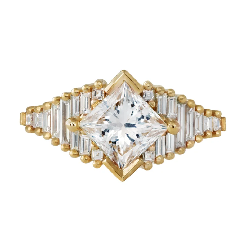 Three - Stone Engagement Rings Symbolizing Love's Past, Present, and Future with Asscher - Cut DiamondsPrincess Diamond Ring with Baguette Lineup