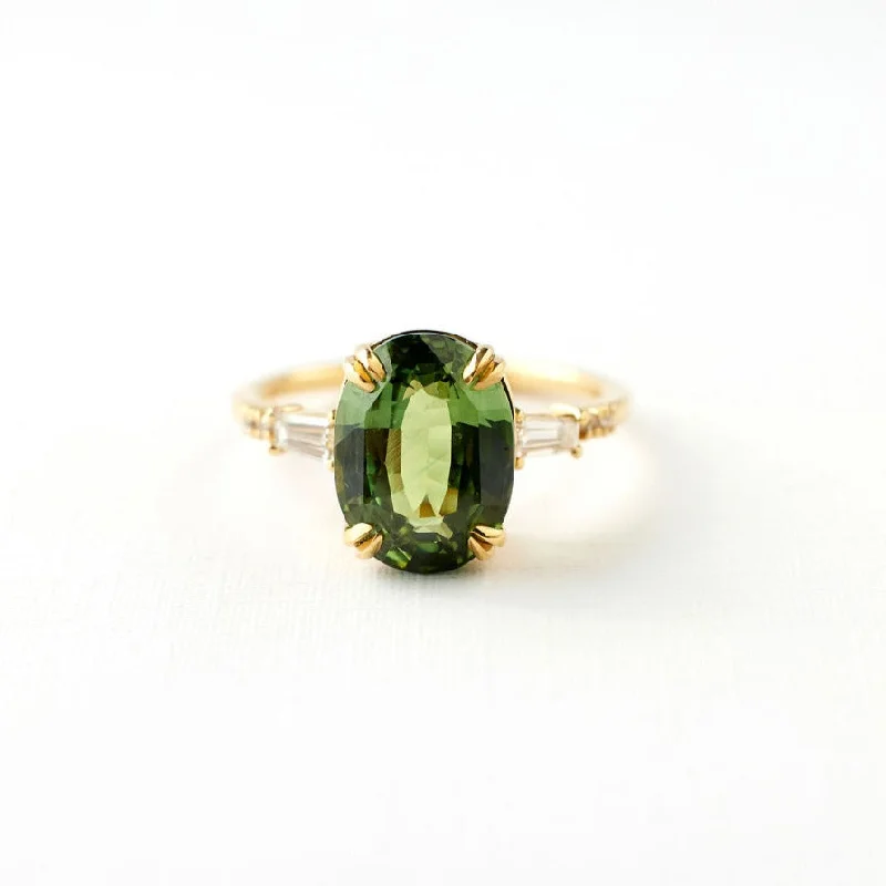 Solitaire Engagement Rings with a High - Clarity Round Diamond and Tapered BandSylvie Ring - 4.01 Carat Green Oval Sapphire