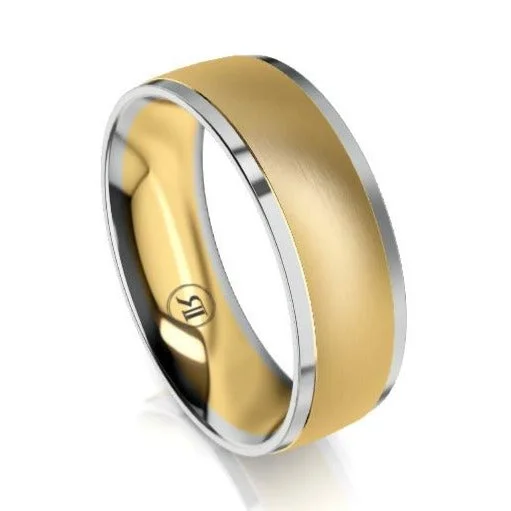 Laser - Etched Floral Design Wedding Bands in Palladium for a Delicate and Intricate LookThe Dunkirk White and Yellow Gold Bevelled Wedding Ring by Infinity