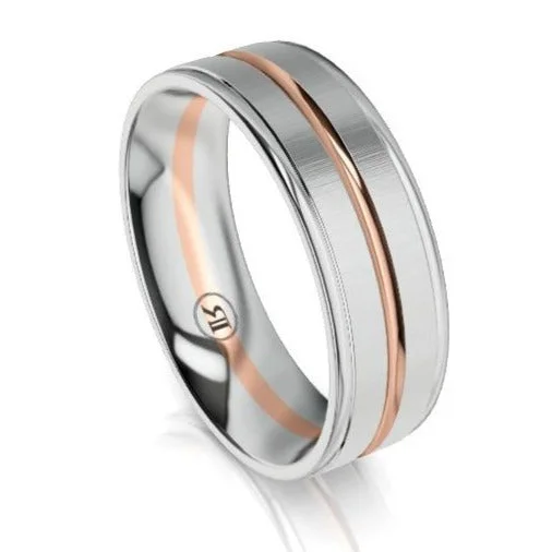 Adjustable - Fit Wedding Bands in Gold - Plated Metal for a Comfortable and Custom - Fitting OptionThe Orion White and Rose Gold Grooved Wedding Ring by Infinity