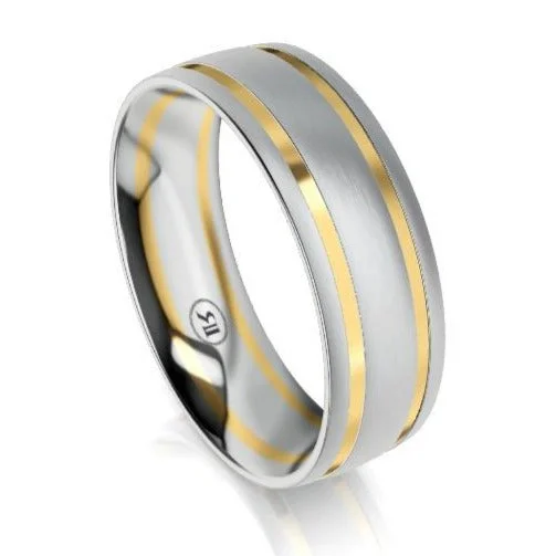 Two - Tone Gold and Silver Wedding Bands with a Twist Design for a Contemporary and Eye - Catching StyleThe Salisbury White and Yellow Gold Grooved Mens Wedding Ring by Infinity