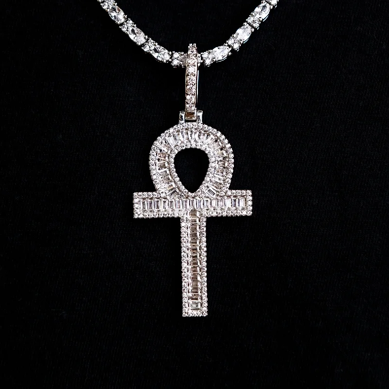 Heart - Shaped Garnet Pendant Necklace with a Pearl - Accented Chain for a Romantic Valentine's DayDiamond Baguette Ankh Cross Pendant in White Gold