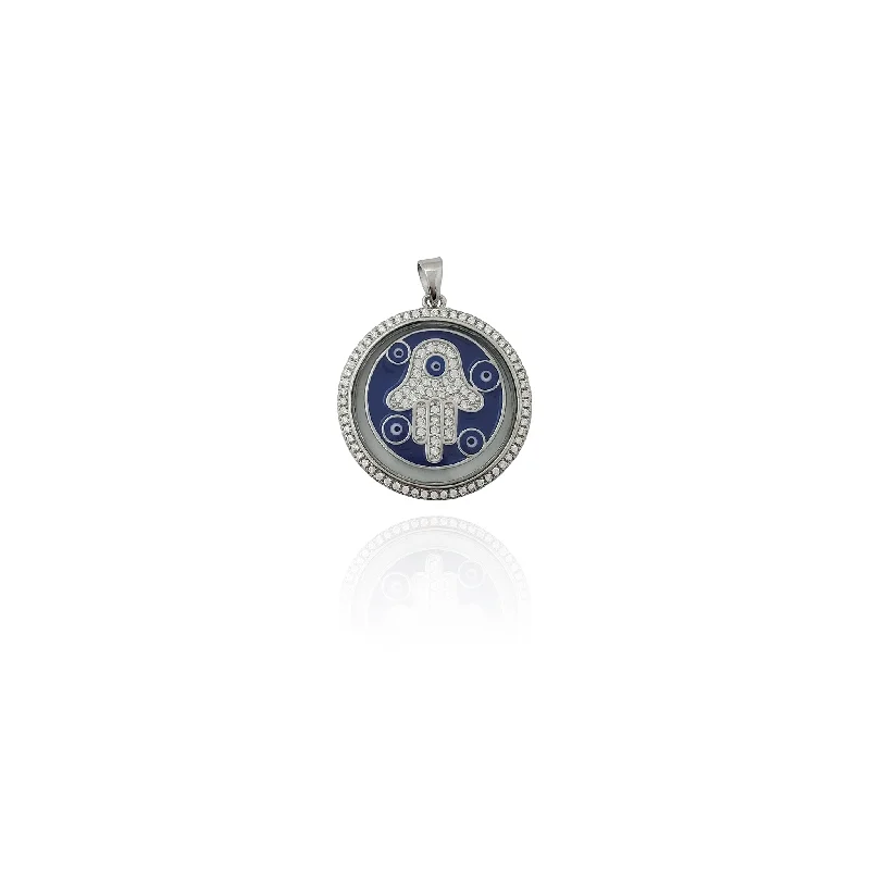 Magnetic - Closure Pendant Necklace with a Hidden Compartment for Secret KeepersEncased Evil Eye Hamsa Medallion Pendant (Silver)