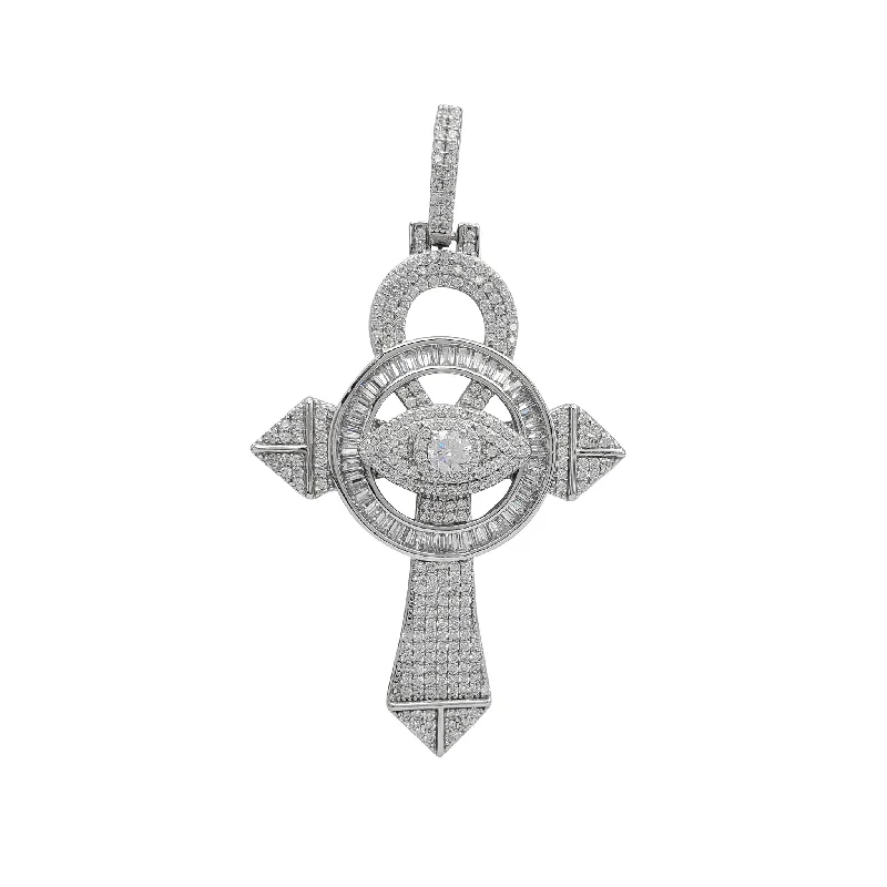 Magnetic - Closure Pendant Necklace with a Hidden Compartment for Secret KeepersIced-out Halo Evil Eyes & Ankh Cross Pendant (Silver)