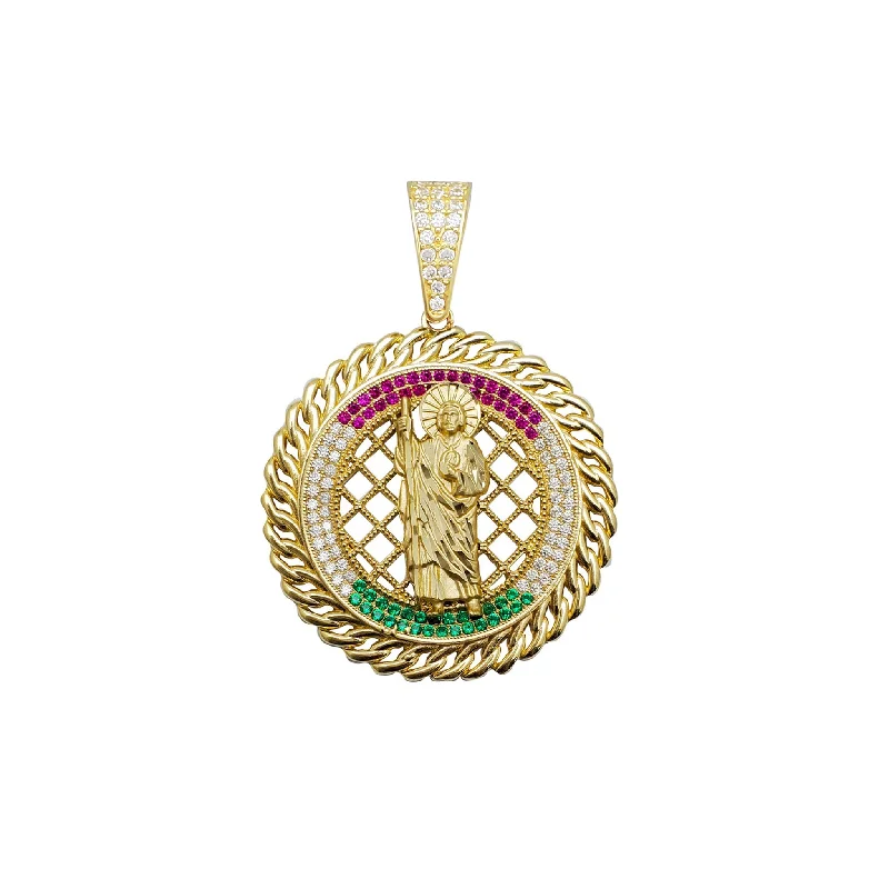 Magnetic - Locking Pendant with Hidden Compartment for Secret Messages[Iced-Out Bail] Multicolor Round Saint Jude Pendant (14K)