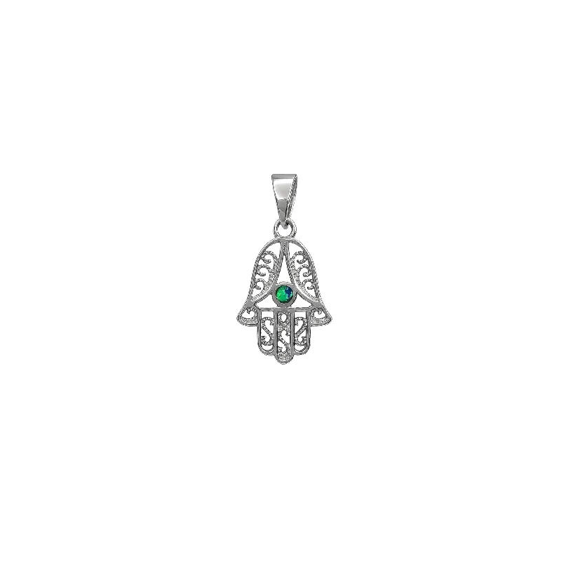 Statement - Making Large - Gemstone - Studded Geometric Pendant Necklace for Evening PartiesOpal Hamsa Hand Pendant (Silver)