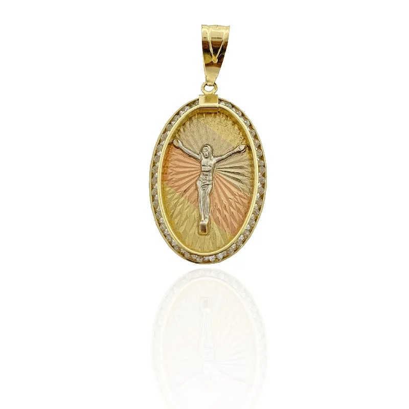 Magnetic - Locking Pendant with Hidden Compartment for Secret MessagesTri-Color Oval Jesus Pendant (14K)