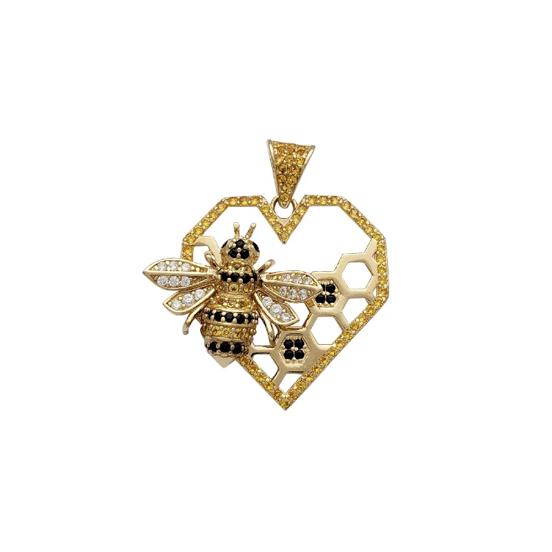 Double - Heart Pendant with Interlocking Design for CouplesZirconia Honeycomb & Bee Heart Pendant (14K)